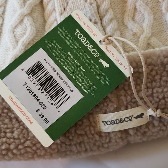Toad & Co Flurrie Knit Beanie Winter Hat Fleece Lined Egret Tan White OS NWT - Picture 7 of 8